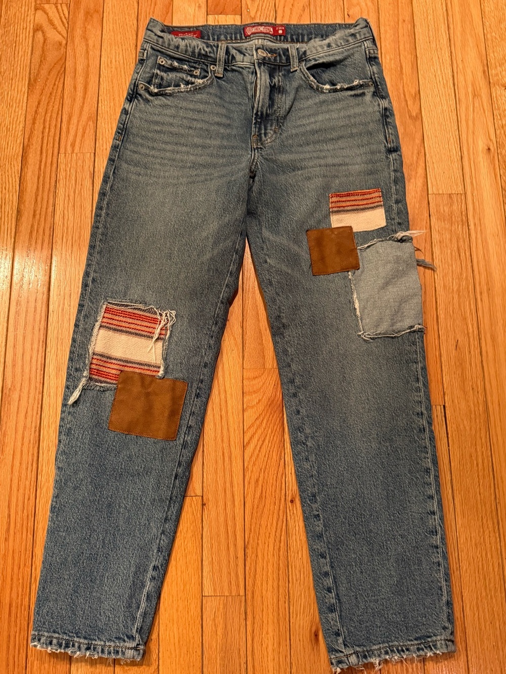 Lucky Brand Blue Denim Boyfriend Jeans  Leather Patchwork Accents